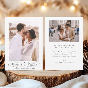 Merry & Married Modern Elegant Script 2 Photo  Holiday Card