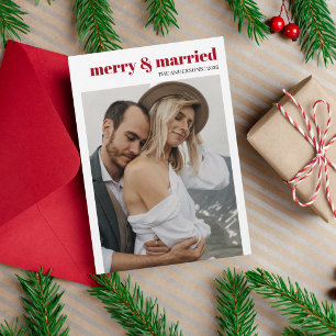 Merry & Married Modern Red Cute Photo Christmas Holiday Card