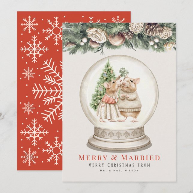 Merry & Married Mouse Couple Christmas Snow Grobe Holiday Card (Front/Back)
