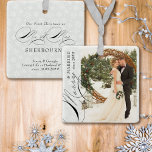 Merry Married Mr and Mrs Vertical Photo Snowflake Ceramic Ornament<br><div class="desc">Merry & Married Mr & Mrs photo ornament with vertical photo, elegant calligraphy and delicate white snowflakes on a silver grey border. The photo template is ready for you to add your photo, your wedding year and your custom text on the back. With the exception of the handwritten text used...</div>