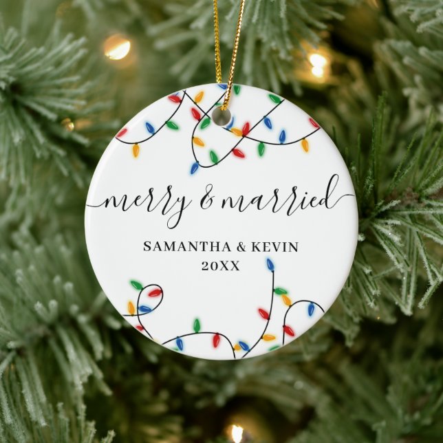 Merry & Married Mr Mrs Couple Names Xmas Lights Ceramic Tree Decoration (Tree)
