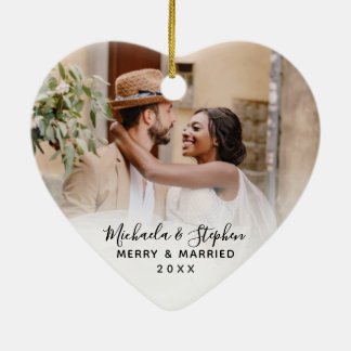 Merry & Married Names Year & Wedding Photo Ceramic Tree Decoration