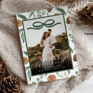 Merry & Married Newlweds Elegant Green Bow Photo Holiday Card