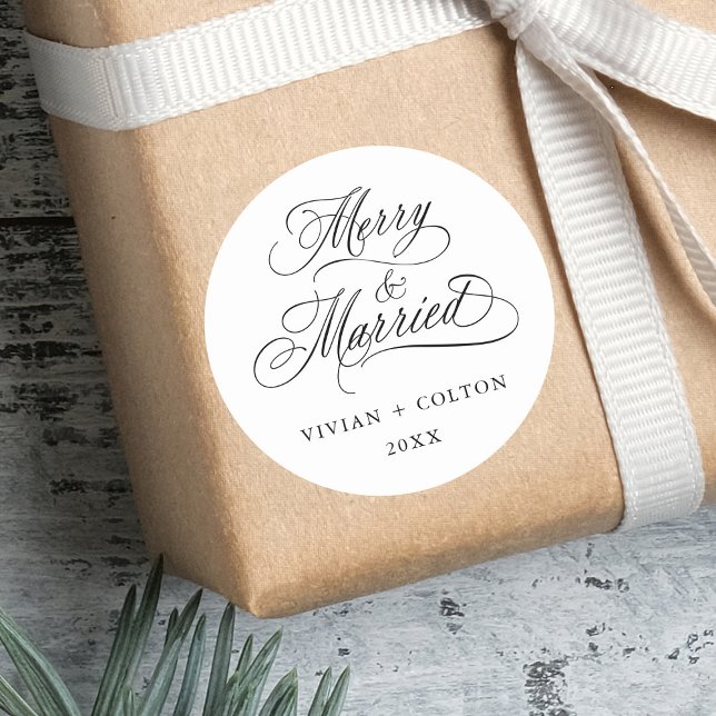 Merry & Married Newly Weds First Christmas  Classic Round Sticker (Creator Uploaded)