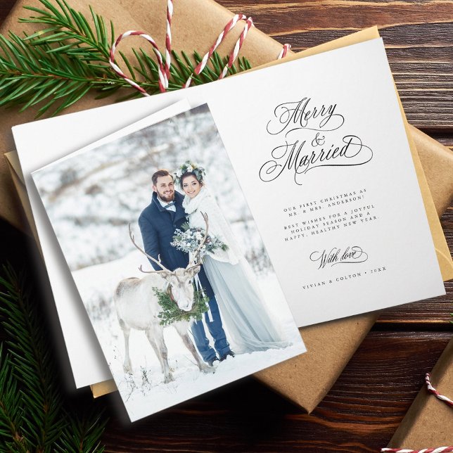 Merry & Married Newly Weds First Christmas Photo Holiday Card (Front & Inside)