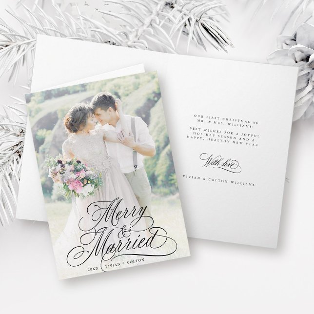 Merry & Married Newly Weds First Christmas Photo  Holiday Card (Front & Inside)