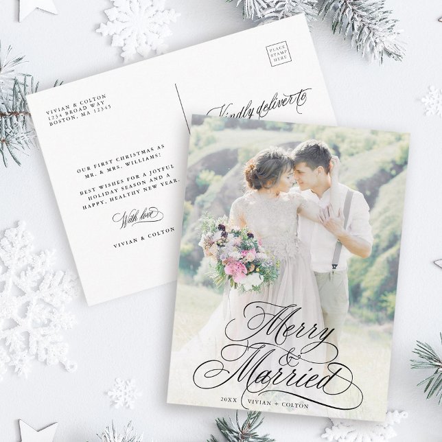 Merry & Married Newly Weds First Christmas Photo Postcard (Front & Back)