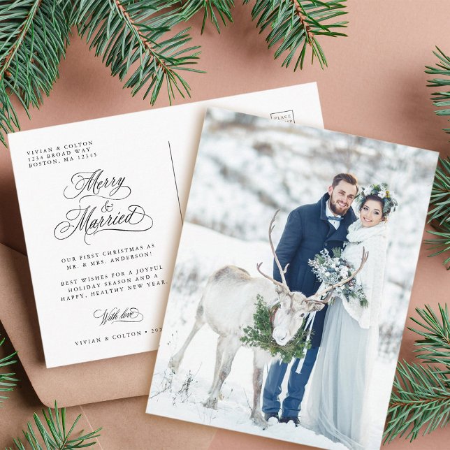 Merry & Married Newly Weds First Christmas Photo Postcard (Front & Back)