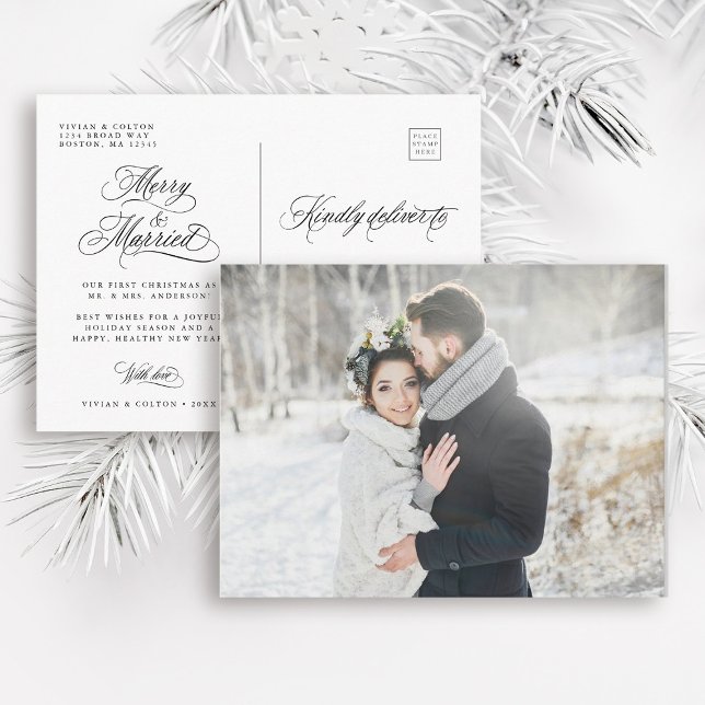 Merry & Married Newly Weds First Christmas Photo Postcard (Front & Back)