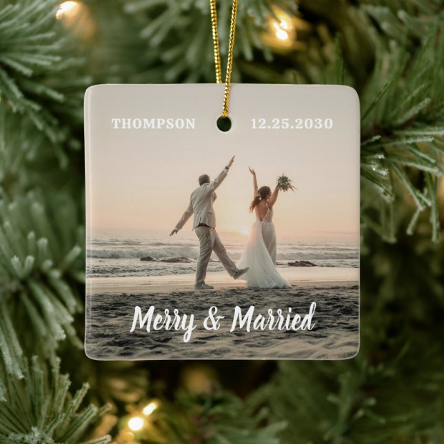 Merry & Married Newlywed Couple Photo Christmas Ceramic Ornament (Tree)