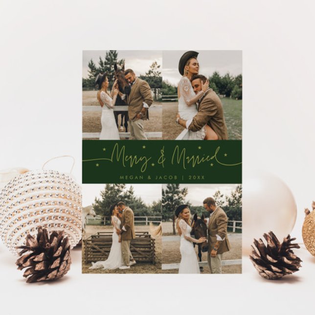 Merry & Married Newlywed Multi Photo Green Holiday Card (Creator Uploaded)