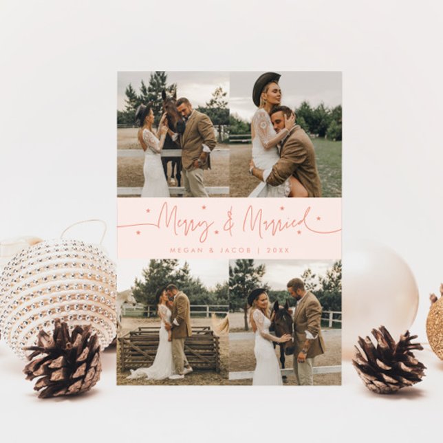 Merry & Married Newlywed Multi Photo Peach Holiday Card (Creator Uploaded)