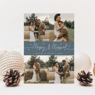 Merry & Married Newlywed Multi Photo Slate Blue Holiday Card