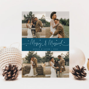 Merry & Married Newlywed Multi Photo Teal Holiday Card
