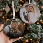 Merry & Married Newlywed Photo Ceramic Tree Decoration<br><div class="desc">This personalised “Merry & Married” photo ornament is a romantic way for newlyweds to celebrate their first Christmas together as a married couple. This elegant double-sided ornament design features the phrase “Merry & Married” in flowing gold script, paired with the couple’s names and customisable year beneath over a photo for...</div>