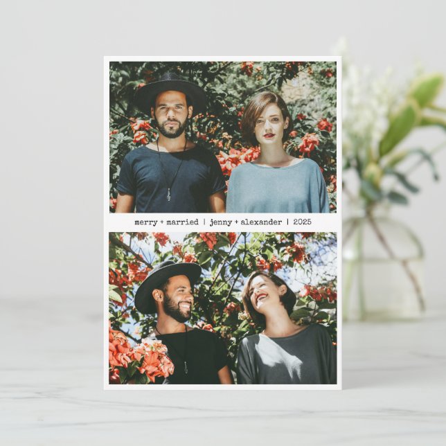 Merry Married Newlywed Two Photo Minimalist  Holiday Card (Standing Front)