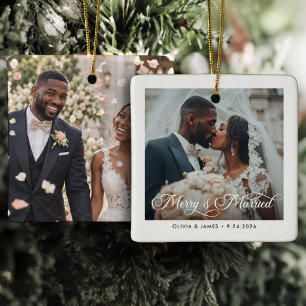Merry & Married Newlywed Wedding Keepsake 2-Photo Ceramic Ornament