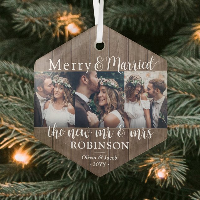 Merry & Married Newlyweds 3 Photo Rustic Faux Wood Glass Tree Decoration (Creator Uploaded)