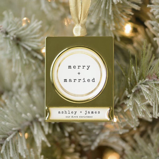 Merry & Married Newlywed's First Christmas  Gold Plated Banner Ornament (Tree)