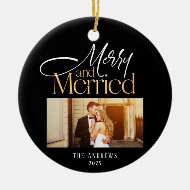Merry & Married Newlyweds Photo Christmas  Ceramic Tree Decoration (Front)