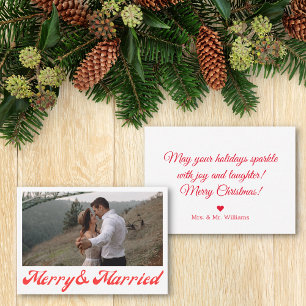 merry & married, newlyweds photo red script card