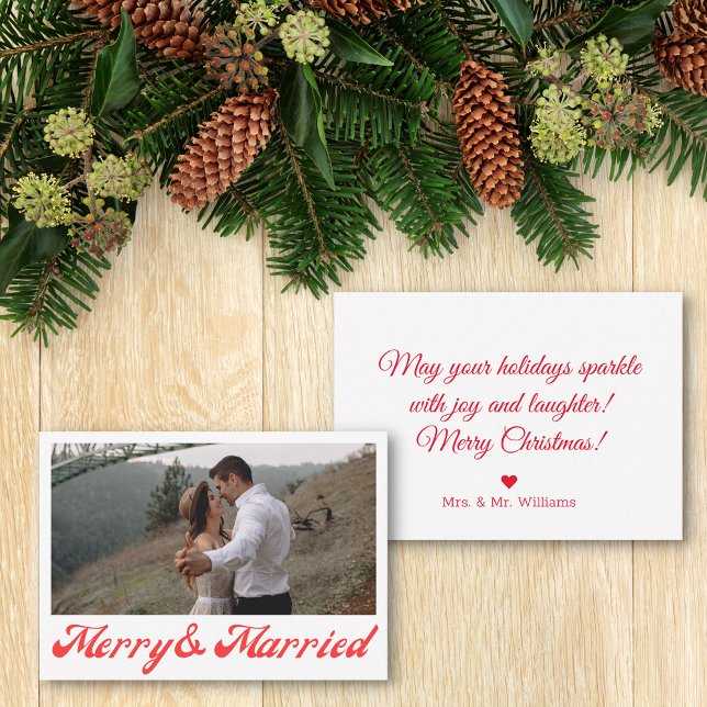 merry & married, newlyweds photo red script  card (Creator Uploaded)