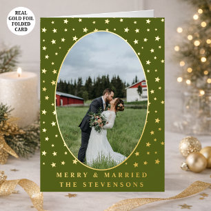 Merry & Married Olive Green Stars Photo Christmas Foil Holiday Card