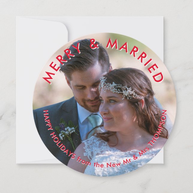 Merry Married Photo Circular Newlywed Christmas Holiday Card (Front)