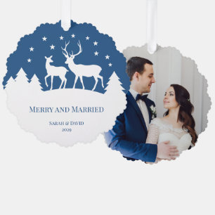 Merry & Married Photo Deer Stag & Doe Blue White Tree Decoration Card