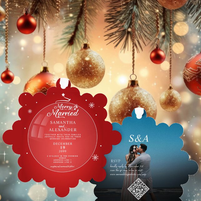 Merry Married Photo Modern Christmas Star Wedding Tree Decoration Card (Merry Married Photo Modern Christmas Star Wedding Ornament Card Unique Designer Elegant RSVP QR Code)