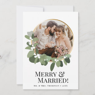 Merry & Married Photo Modern wreath Elegant Holiday Card