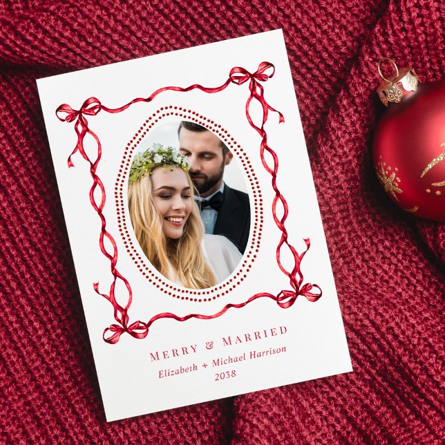 Merry Married Red Bow Newlyweds Christmas Photo Holiday Card (Creator Uploaded)