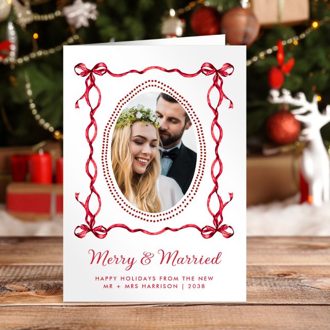 Merry Married Red Bow Newlyweds Christmas Photo Holiday Card (Creator Uploaded)