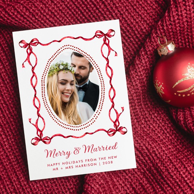 Merry Married Red Bow Newlyweds Christmas Photo Holiday Card (Creator Uploaded)