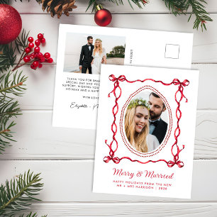 Merry Married Red Bow Newlyweds Christmas Photo Holiday Postcard