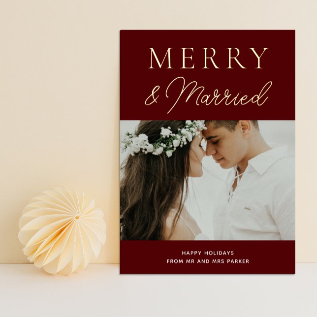 Merry Married Red Gold Script Photo Christmas (Creator Uploaded)