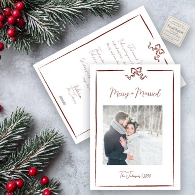 Merry & Married Red Hand-Drawn Bow Newlywed Holiday Card (Creator Uploaded)