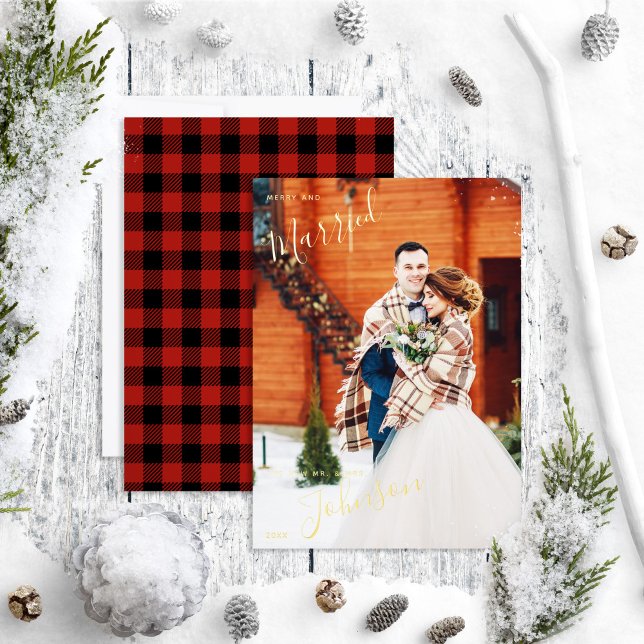 Merry & Married Red Plaid Winter Wedding Photo (Creator Uploaded)