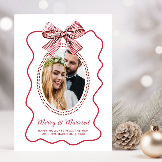 Merry Married Red Wavy Frame Bow Photo Christmas Holiday Card (Creator Uploaded)