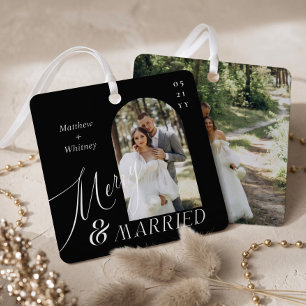 Merry & Married Script Modern Engagement Photo Metal Tree Decoration
