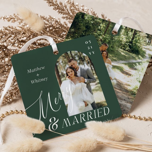 Merry & Married Script Modern Engagement Photo Metal Tree Decoration (Merry & Married Script Modern Engagement Photo Metal Ornament)