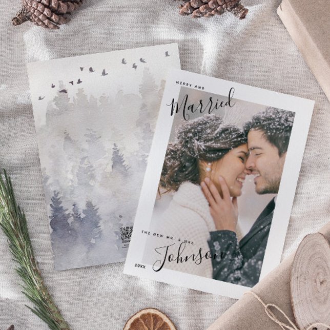 Merry & Married Script Name Photo Christmas Card (Married & Merry: Celebrating Love This Christmas 🎄❤️ Easily personalize with photo & deets)