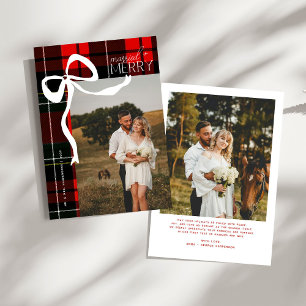 Merry & Married Script Photo Christmas Tartan Bow  Holiday Card