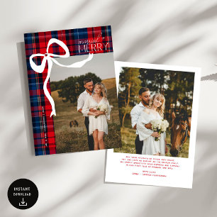 Merry & Married Script Photo Christmas Tartan Bow  Holiday Card