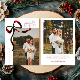 Merry & Married Script Photo Christmas Tartan Bow Holiday Card