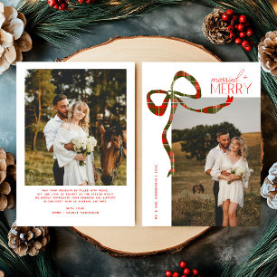 Merry & Married Script Photo Christmas Tartan Bow  Holiday Card