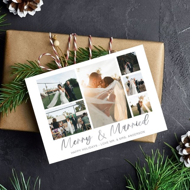 Merry & Married Silver 6 Multi Photo Holiday Card (Creator Uploaded)