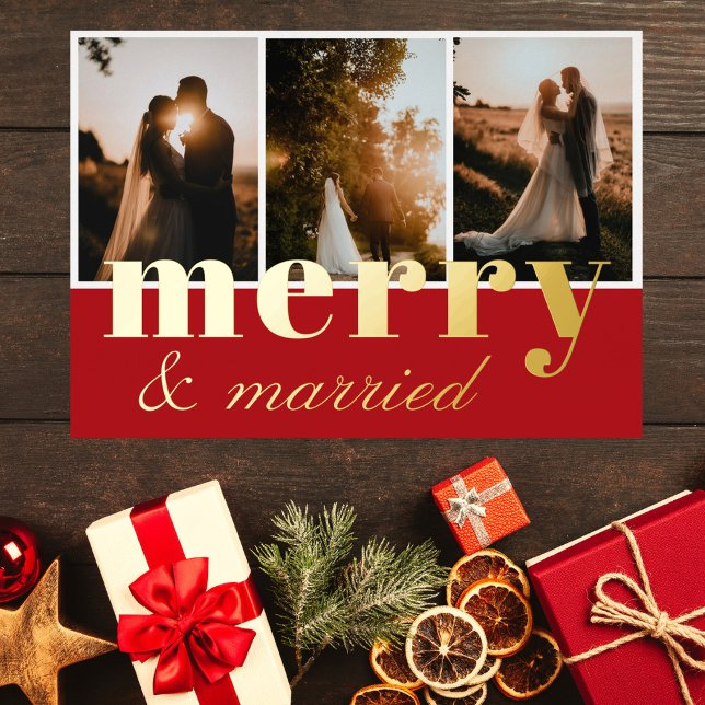 Merry & Married Three Photo Collage Red White (Creator Uploaded)