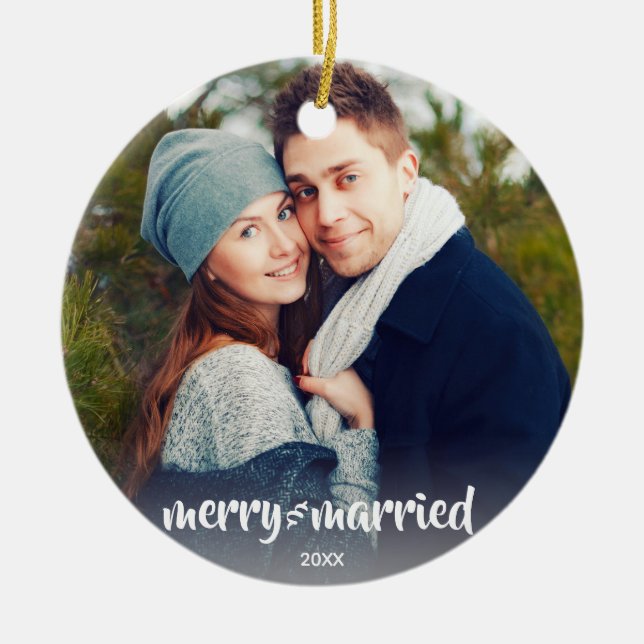 Merry & Married Trendy Photo Holiday Christmas Ceramic Tree Decoration (Front)