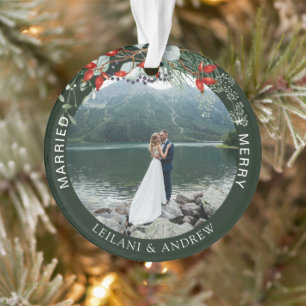 Merry Married Watercolor Photo Forest Green Ornament